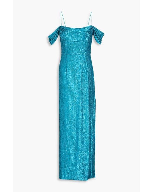 Rebecca Vallance Blue Missing Hours Cold-shoulder Sequined Mesh Gown