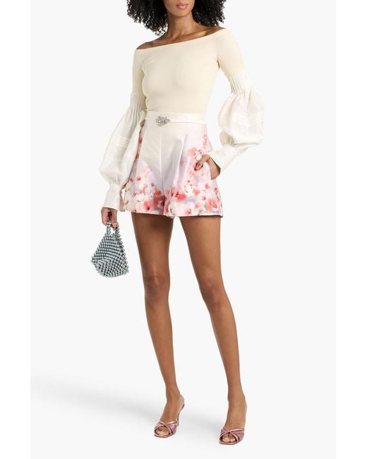 Zimmermann Red Crystal-Embellished Floral-Print Silk And Cotton-Blend Twill Shorts