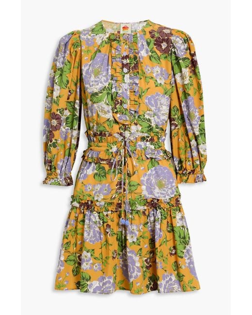 Farm Rio Yellow Ruffled Floral-Print Cotton-Broadcloth Mini Dress