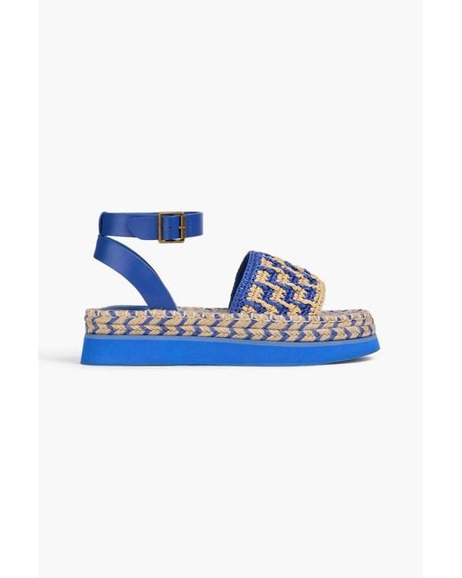 Farm Rio Blue Leather And Faux Raffia Platform Sandals