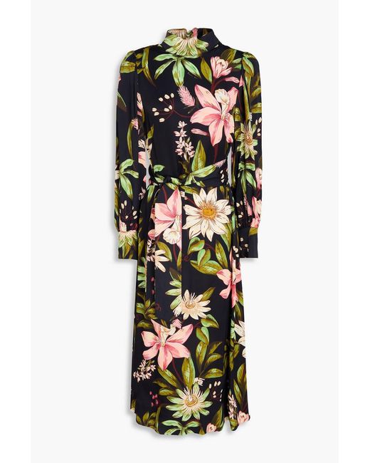 Farm Rio Black Floral-Print Crepe Midi Dress