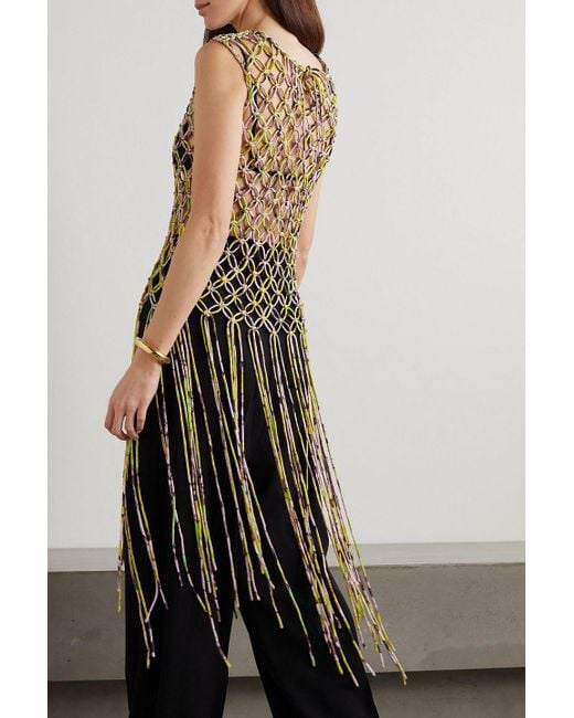 Dries Van Noten Metallic Fringed Printed Macramé Satin Top