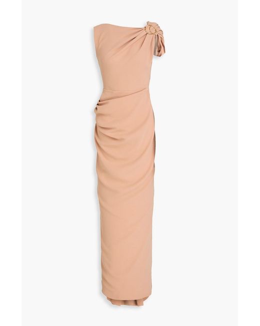 Rhea Costa Natural Embellished Draped Crepe Gown