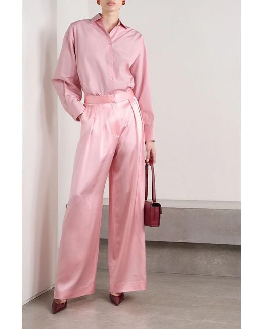 Adam Lippes Pink Pleated Silk-Charmeuse Wide-Leg Pants