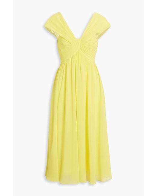 Badgley Mischka Yellow Pleated Chiffon Midi Dress