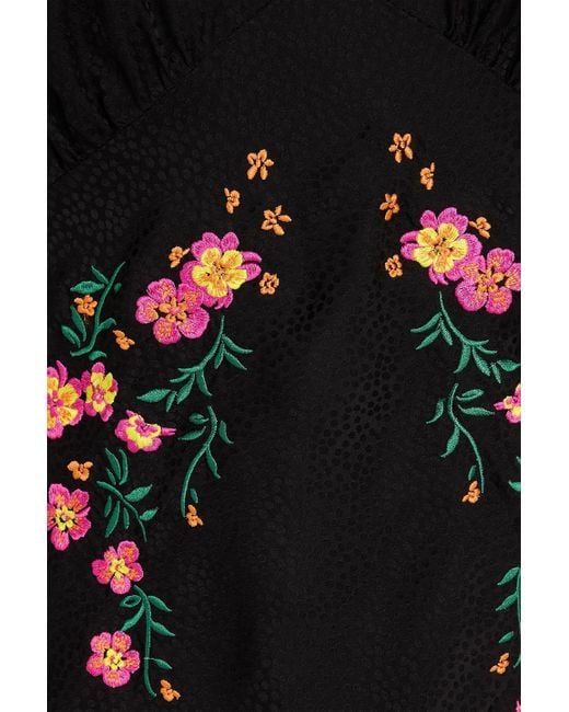 Saloni Black Embroidered Silk-Satin Jacquard Midi Dress