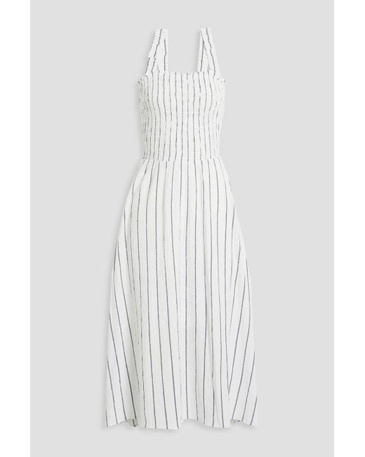 DKNY White Shirred Striped Jacquard Midi Dress