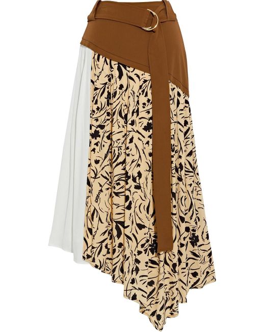 Proenza Schouler Natural Asymmetric Belted Printed Crepe Midi Skirt