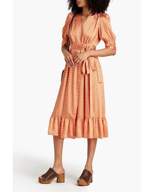 Sandro Orange Enrika Printed Satin-twill Midi Wrap Dress