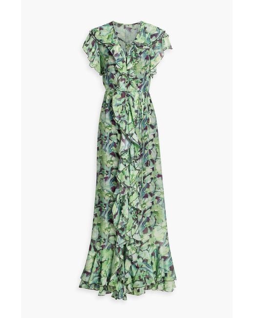 Mikael Aghal Green Ruffled Printed Chiffon Maxi Dress