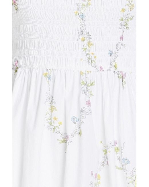 Ganni White Shirred Floral-print Cotton-poplin Mini Dress