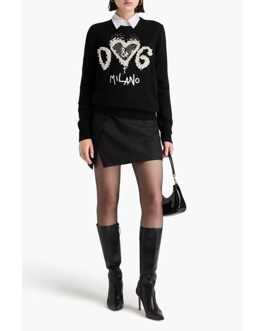 Dolce & Gabbana Black Pullover aus kaschmir mit intarsienmuster und kunstperlen