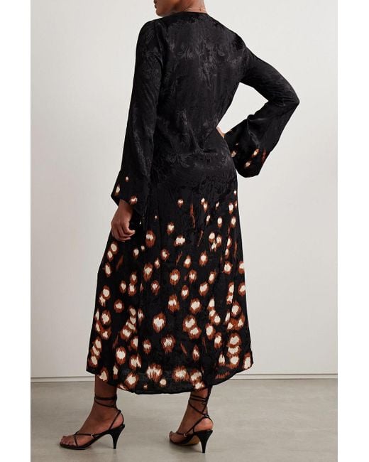 Johanna Ortiz Black Inner Strength Printed Satin-Jacquard Midi Wrap Dress