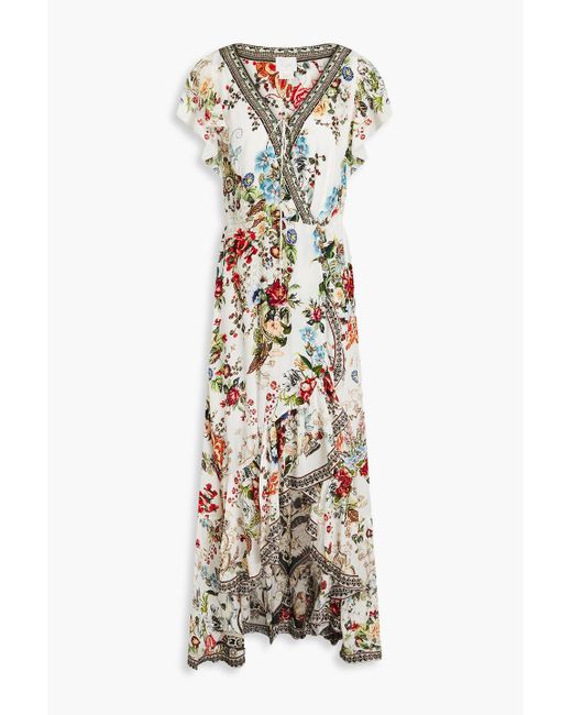 Camilla White Embellished Floral-print Silk Crepe De Chine Maxi Wrap Dress