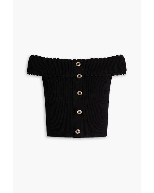 Sandro Black Off-the-shoulder Cropped Ribbed-knit Top