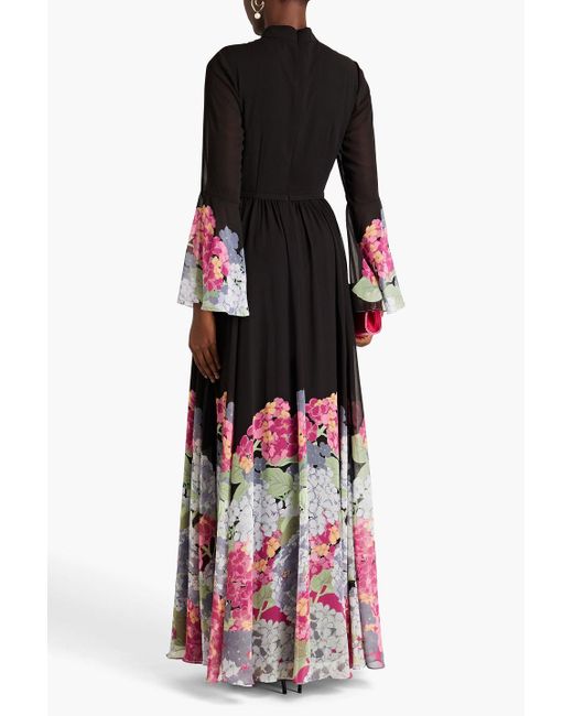 Mikael Aghal Black Gathered Floral-print Chiffon Gown