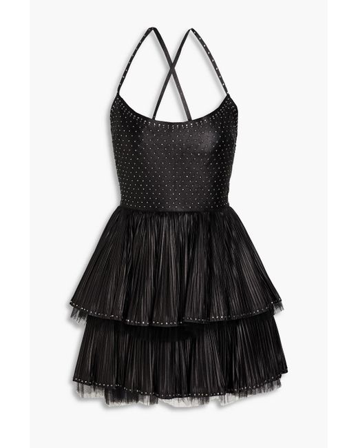Valentino Garavani Black Crystal-embellished Pleated Leather Mini Dress