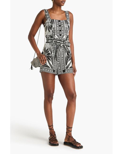 Farm Rio White Belted Printed Linen-blend Playsuit