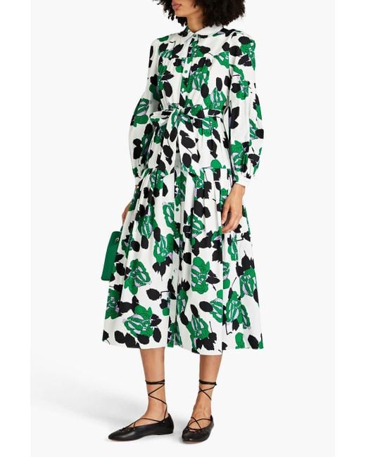 Diane von Furstenberg Green Lux Floral-print Stretch-cotton Poplin Midi Shirt Dress