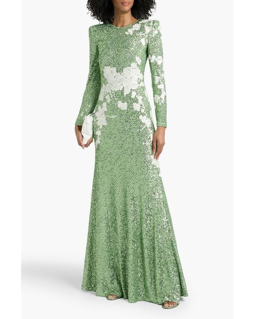 Naeem Khan Green Embroidered Sequined Stretch-tulle Gown