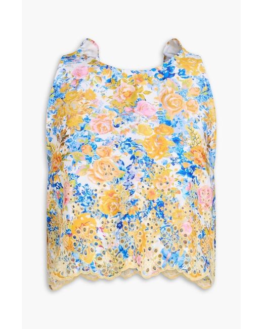 Kika Vargas Blue Cropped Floral-Print Broderie Anglaise Cotton-Blend Top