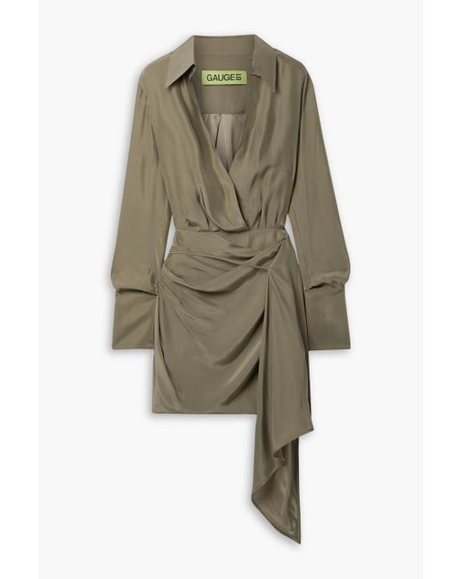 GAUGE81 Green Gravia Draped Wrap-effect Silk Crepe De Chine Mini Shirt Dress