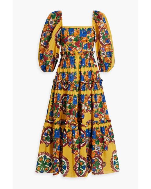 Cara Cara Yellow Oriana Tiered Floral-print Cotton Midi Dress