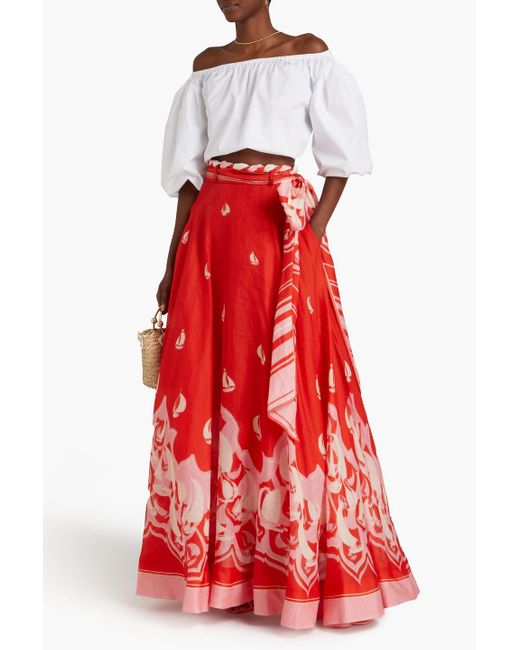 Zimmermann Red Printed Linen And Silk-blend Maxi Skirt