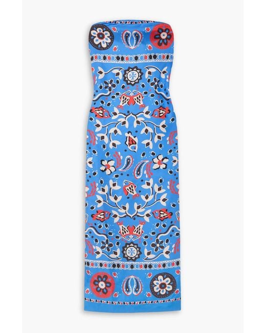 Tory Burch Blue Strapless Printed Silk-twill Maxi Dress