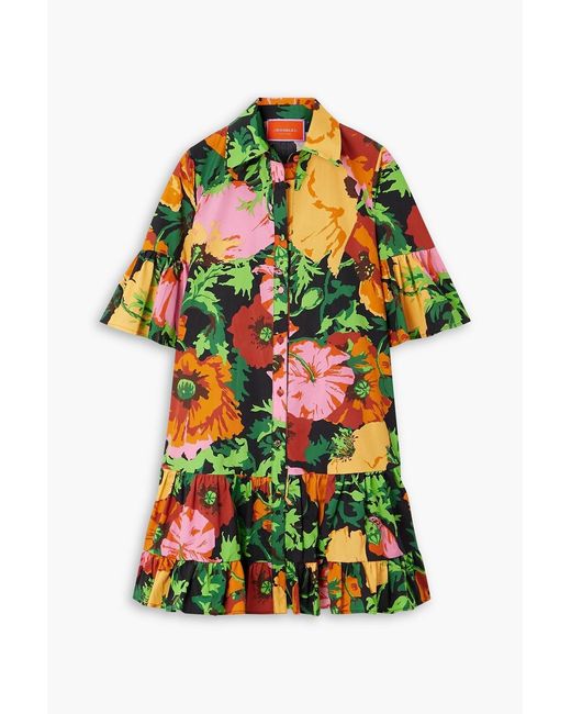 La DoubleJ Women's Green Choux Floral-Print Cotton-Poplin Mini Shirt Dress