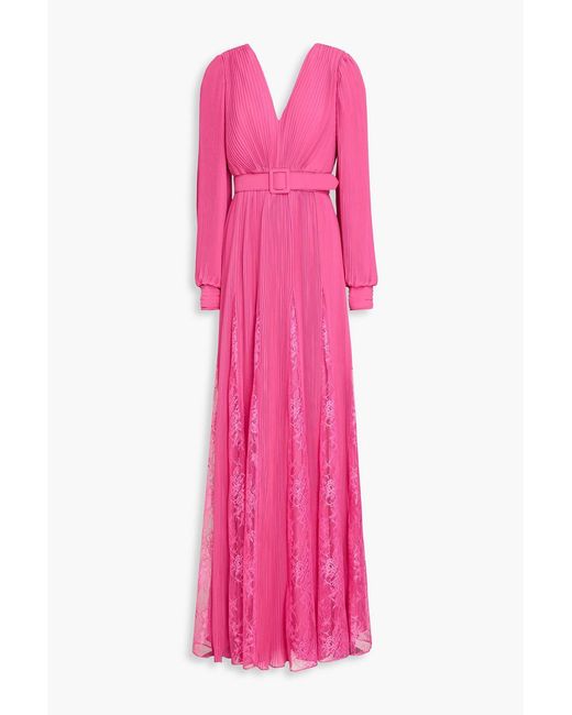 Badgley Mischka Pink Lace-trimmed Pleated Georgette Gown