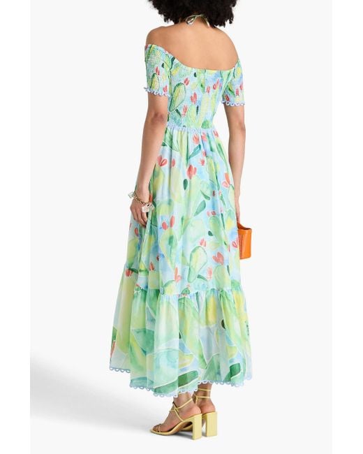 Charo Ruiz Green Cold-Shoulder Printed Cotton-Blend Voile Midi Dress