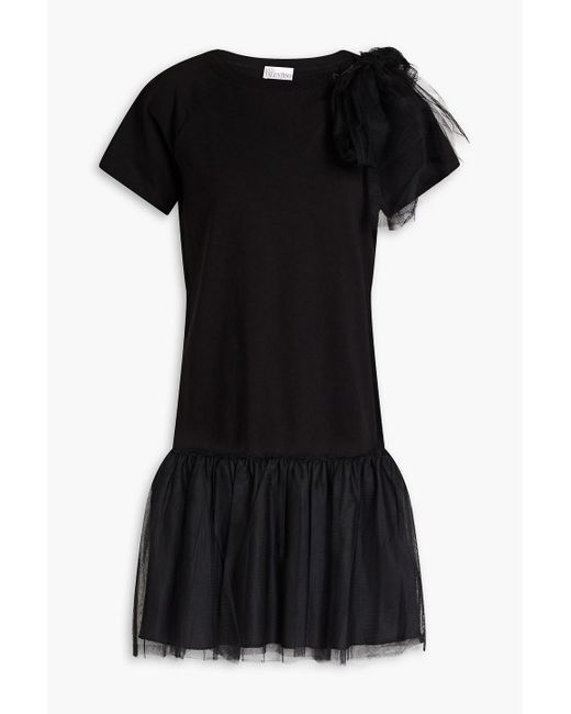 RED Valentino Black Bow-detailed Tulle-paneled Cotton-jersey Mini Dress