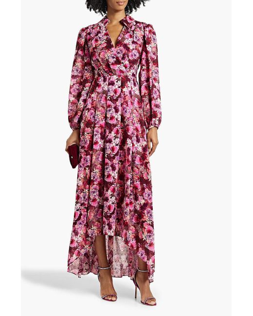 Mikael Aghal Red Wrap-effect Floral-print Fil Coupé Chiffon Maxi Dress
