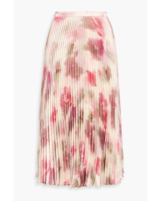 Mikael Aghal Pink Pleated Floral-print Crepe De Chine Midi Skirt