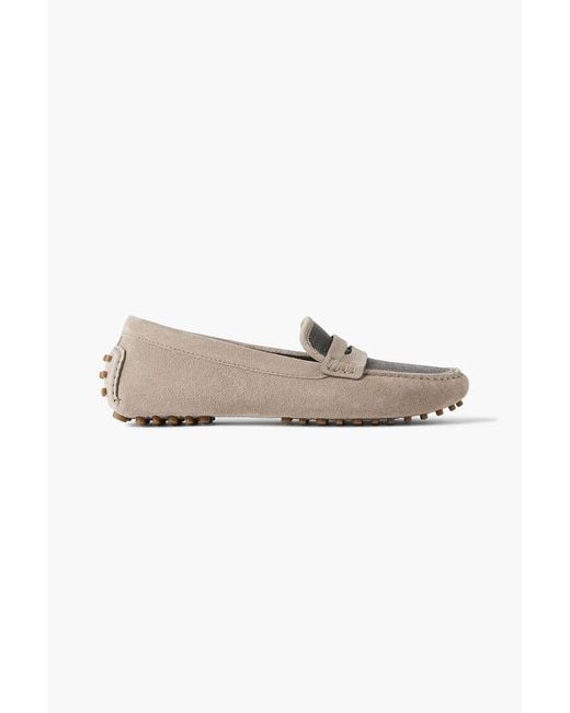 Brunello Cucinelli Gray Bead-Embellished Suede Loafers