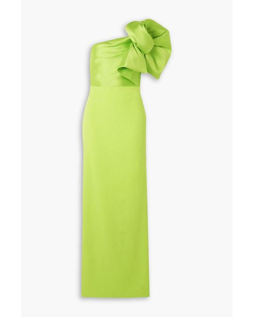 Solace London Green Iyana Bow-embellished One-shoulder Satin And Crepe Maxi Dress