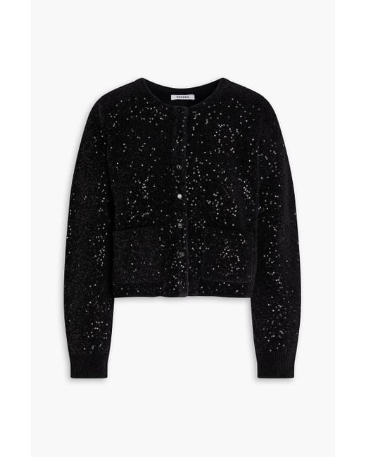 Sandro Black Sequin-Embellished Velour Cardigan
