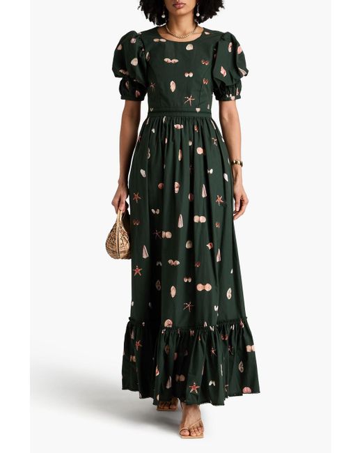 Agua Bendita Green Amapola Open-back Printed Cotton Maxi Dress