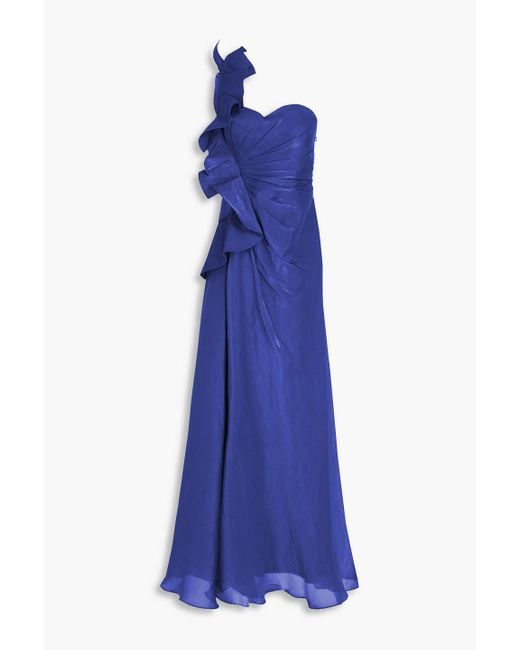 Badgley Mischka Blue Trägerlose robe aus gazar-seide mit rüschen