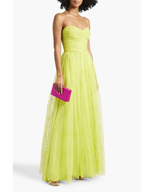 Monique Lhuillier Yellow Strapless Pleated Tulle Gown