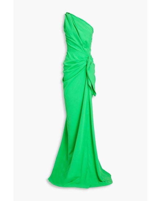 Rhea Costa Green Elena One-shoulder Draped Crepe Gown