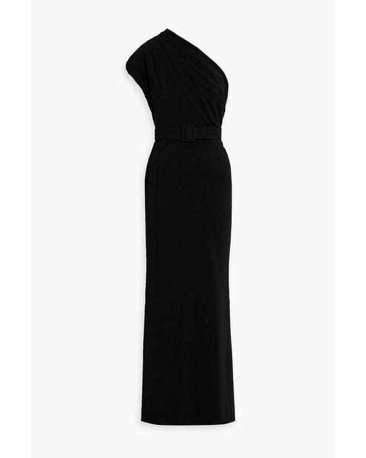 Badgley Mischka Black One-Shoulder Belted Crepe Gown