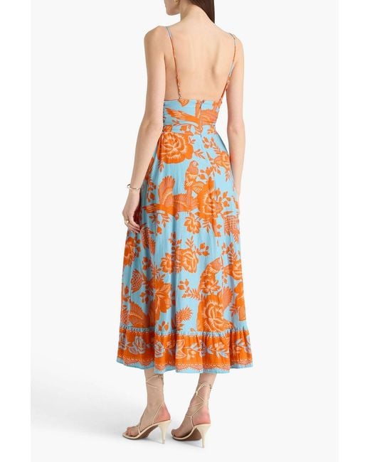 Farm Rio Orange Embellished Printed Linen-Blend Midi Dress