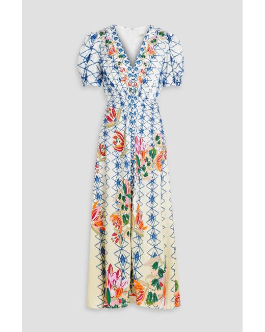Saloni White Lea Printed Silk-Jacquard Maxi Dress