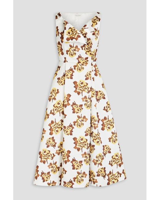 Emilia Wickstead White Pleated Floral-print Duchesse-satin Midi Wrap Dress