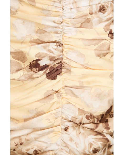 Alessandra Rich Natural Ruched Floral-Print Silk-Blend Satin Midi Pencil Skirt