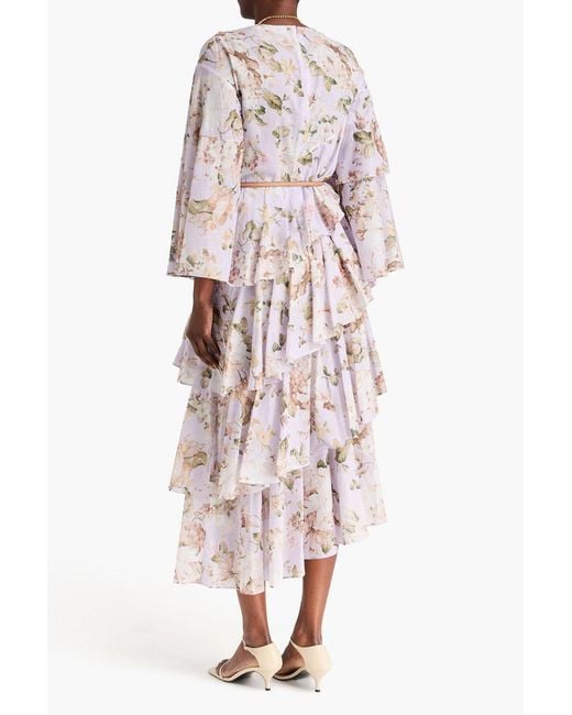 Zimmermann White Asymmetric Belted Floral-Print Cotton Midi Dress