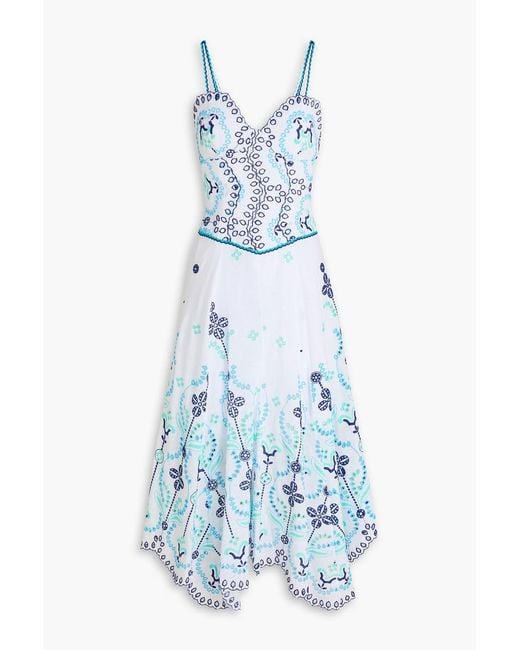 Charo Ruiz Blue Omelia Broderie Anglaise Cotton-Blend Midi Dress