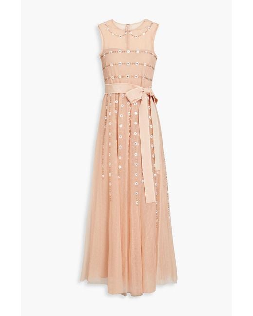 RED Valentino Natural Gathered Embellished Point D'esprit Midi Dress